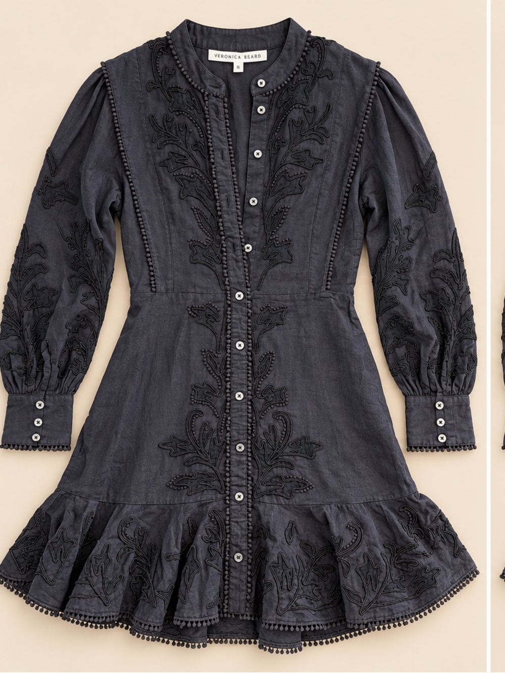 Veronica Beard Charcoal Black Embroidered Button-Front Long-Sleeve Dress
